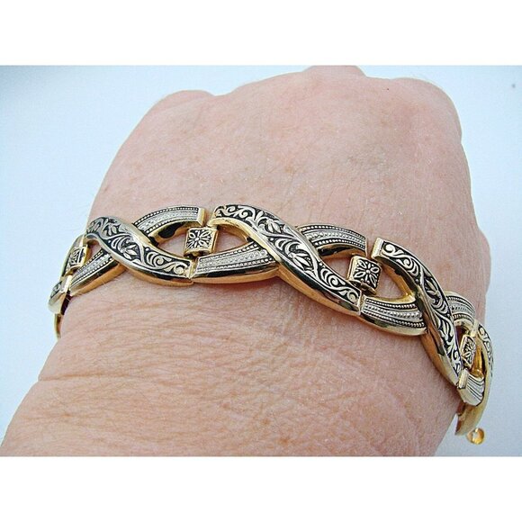 Gold Black X-Link Chain Bracelet Scroll Ornate Design Snap Clasp Size 8" Fashion - Picture 12 of 12